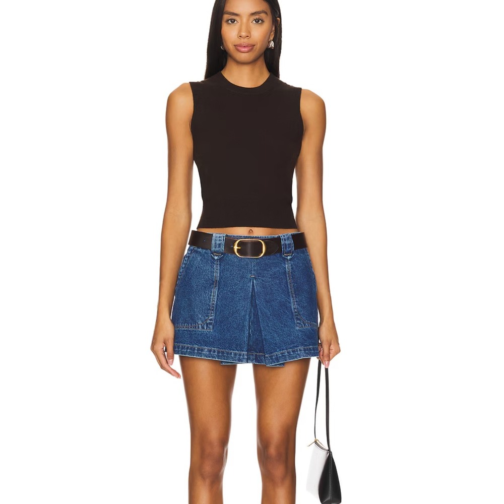 Womens Pleated Denim Mini Skirt Medium Wash Blue High Waisted Pocket Skort Style